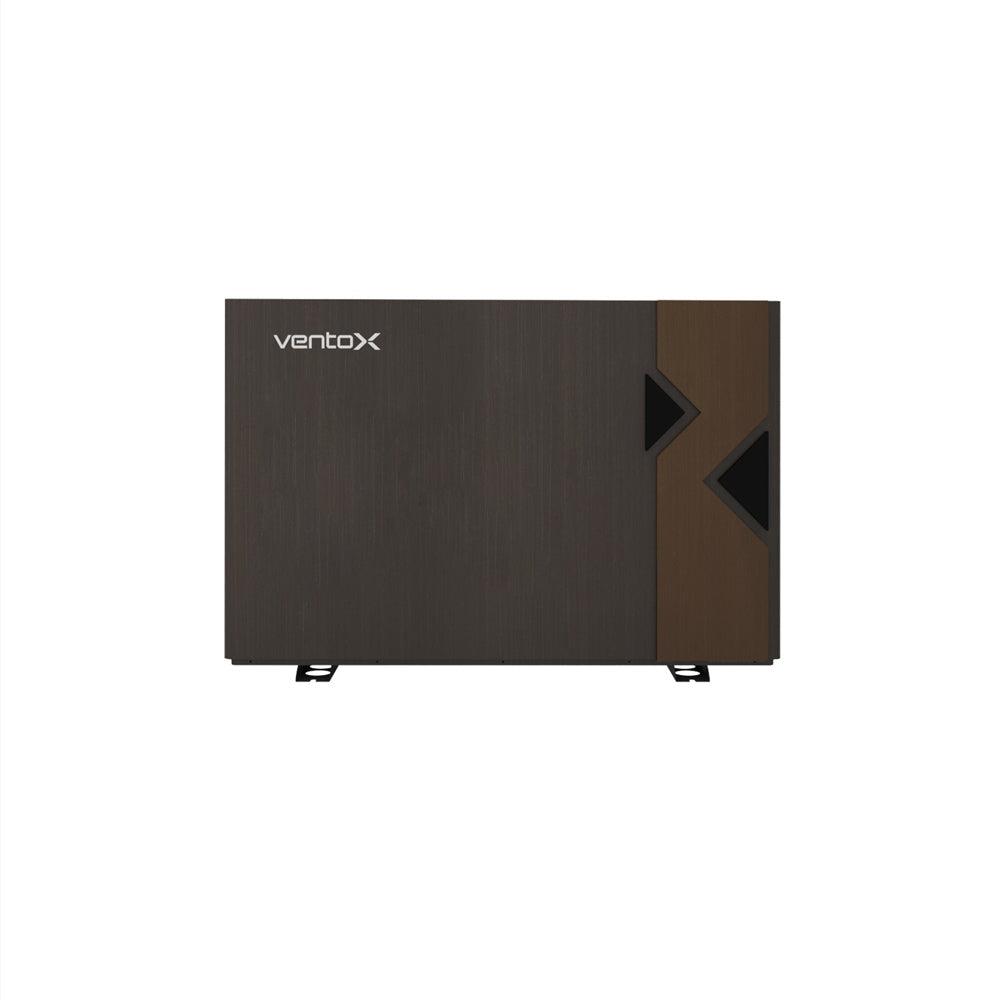 EcoHaven side-discharge R290 EPP air-to-water heat pump by ventoxhvac with solar-direct drive, shown with side panels and control panel.