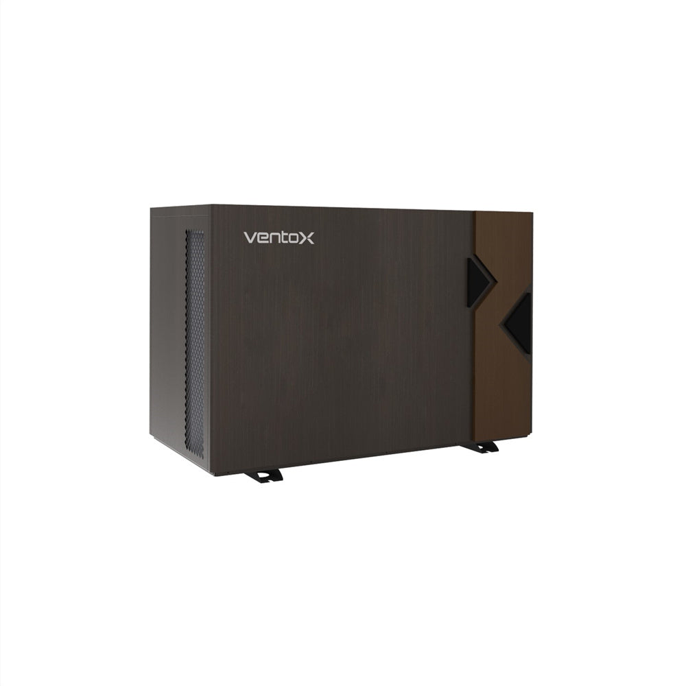 EcoHaven side-discharge R290 EPP air-to-water heat pump by ventoxhvac with solar-direct drive, showing the compact unit outdoors