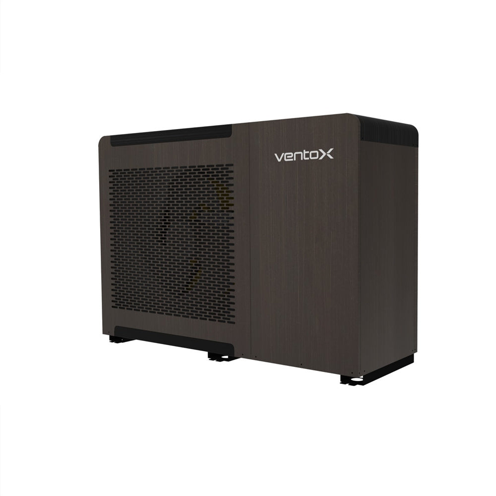 EcoFlow ventoxhvac R290 air-to-water heat pump with front discharge and solar-direct drive, featuring compact EPP insulation panels.